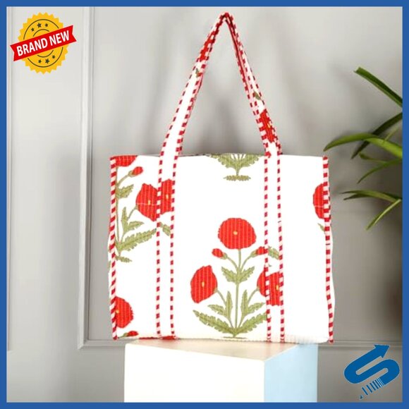 Quilted Patchwork Cotton Tote Bag: Large Indian Style  Quilted Cotton Tote Bag Set with 3 Pouches, 15x18x5.5 Inches